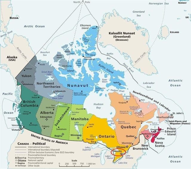 Toronto no mapa do Canadá